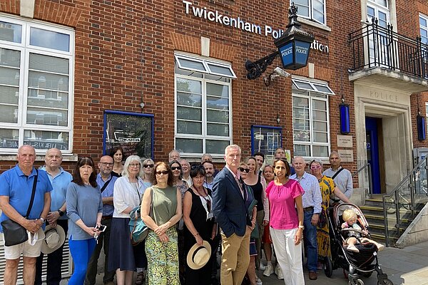 Munira Wilson MP, Cllr Gareth Roberts AM with other Lib Dem councillors and activists in front of Twickenham Police Station