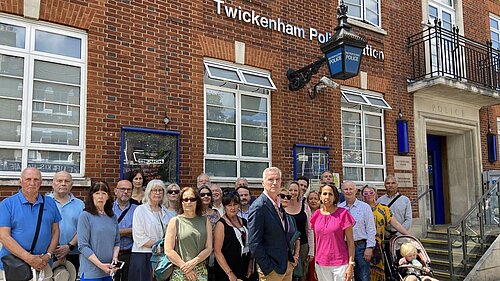 Munira Wilson MP, Gareth Roberts AM and local councillors in front of Twickenham Police Station
